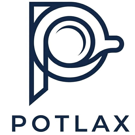 Logo of POTLAX with a stylized letter 'P' on a white background